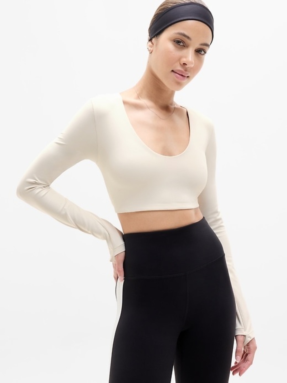 Athleta Long Sleeve Scoop Crop Top in Cream